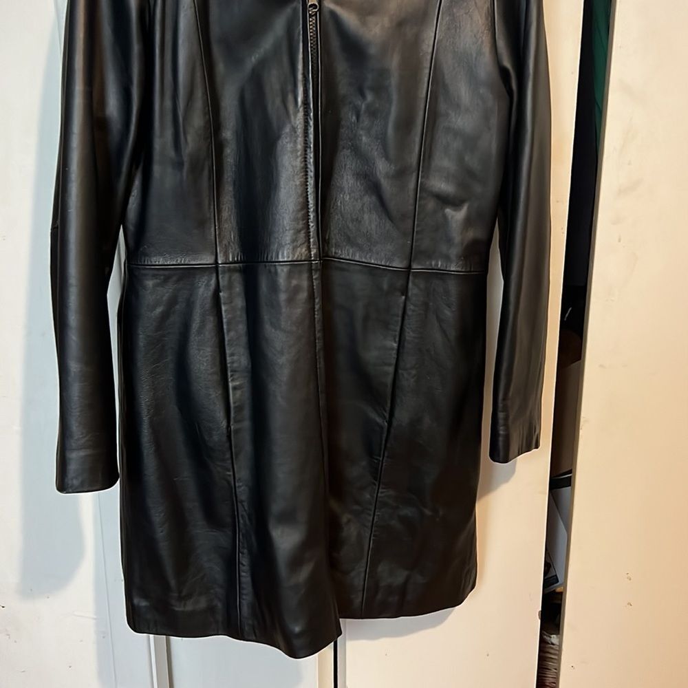 Hillard & Hanson Women's Black 100% Genuine Leather Zip Up Jacket Pockets Hood M - Picture 3 of 5